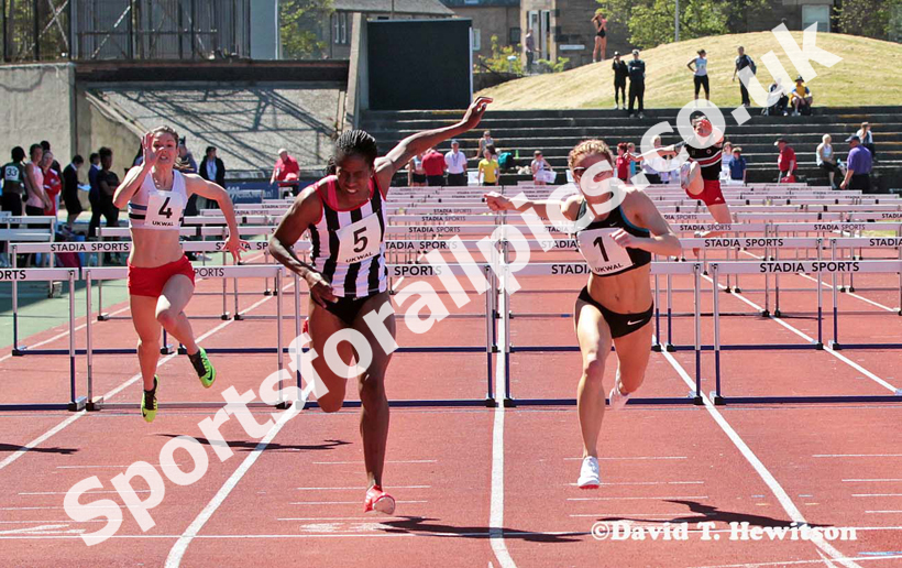 No 5 Gemma Bennett (Shaftsbury Barnet) beats Meghan Beesley (Birchfield Harriers) in the 100 metres hurdles at the UK Women's National League, Premier, Meadowbank, Edinburgh.